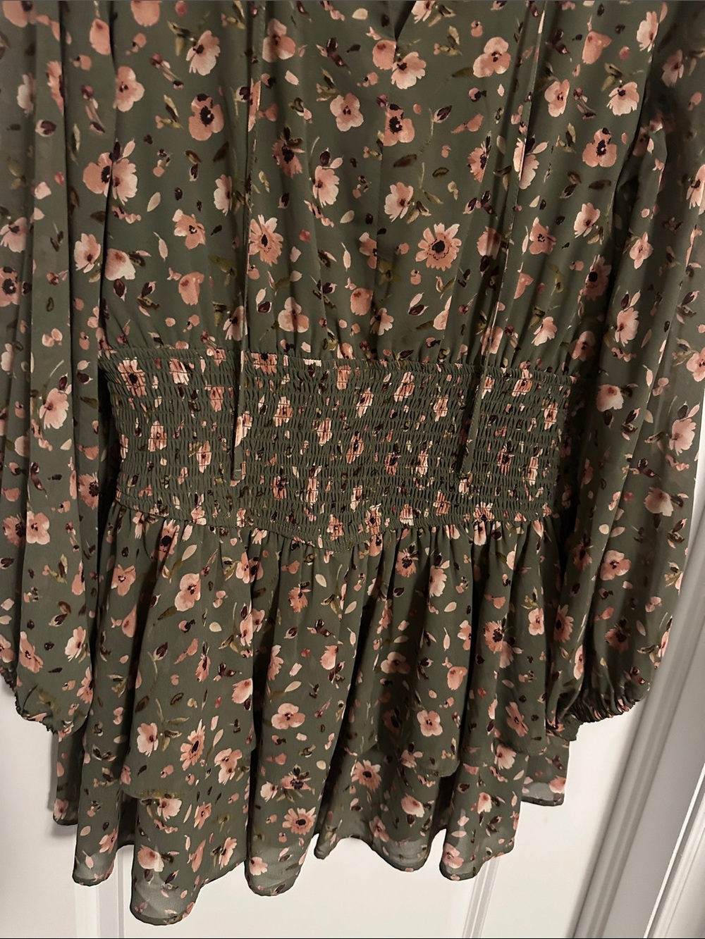 Dynamite Olive Floral V-Neck Smocked Waist Mini Dress - Picture 4 of 12